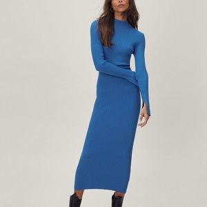 Blue ribbed fitted midi knit dress